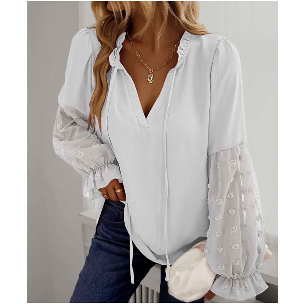 Boho Swiss Dot Sheer Sleeve Ruffle Blouse - Picture 9 of 14